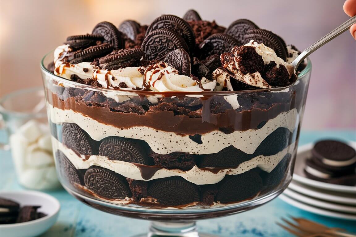 A layered dessert in a glass bowl with cookies, whipped cream, and chocolate, being served with a spoon. Plates and utensils nearby.