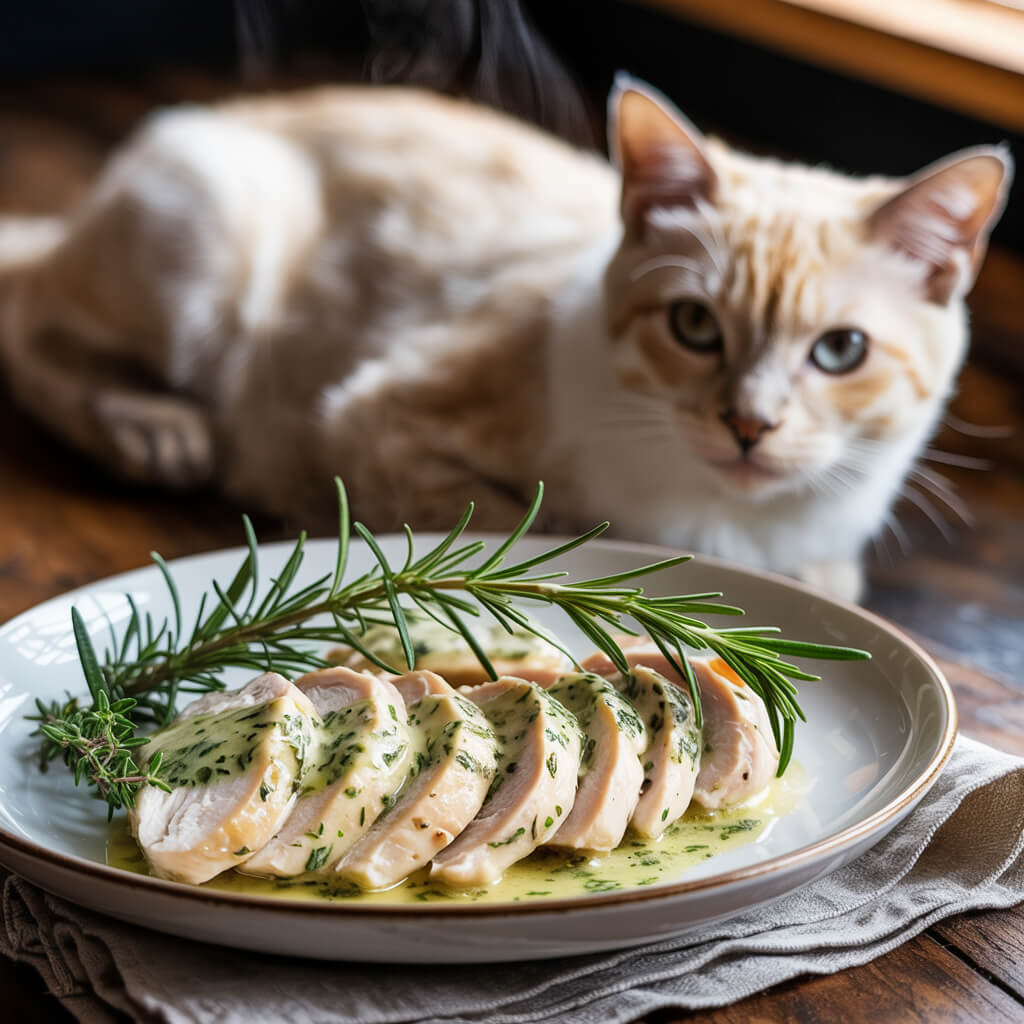 A cat gazes at a plate of herb-covered sliced chicken with rosemary garnish, resting on a rustic wooden table by a window.