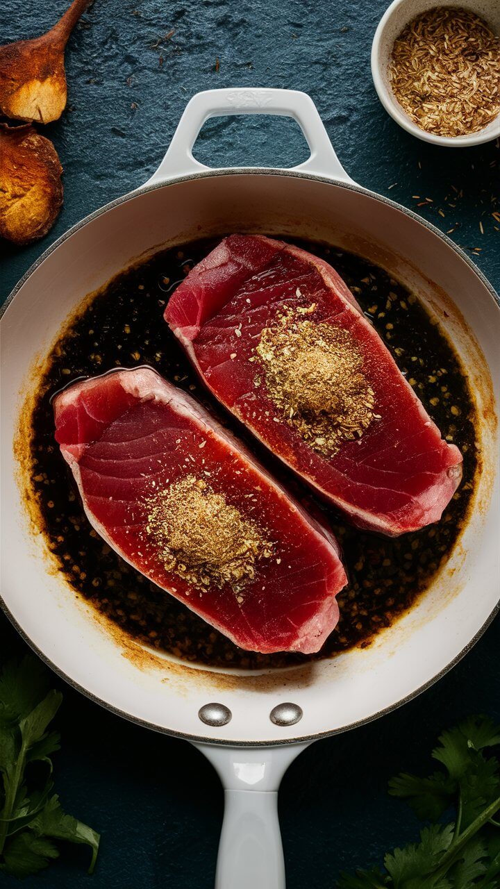 Two raw tuna steaks seasoned with spices in a white pan, surrounded by herbs and spices on a dark surface.