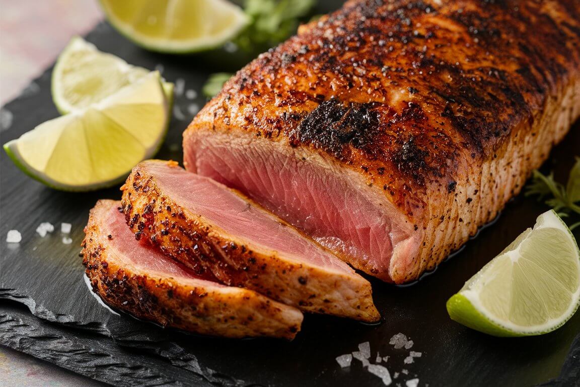 Grilled tuna steak seasoned with spices on a slate board, accompanied by lime wedges and garnished with herbs.