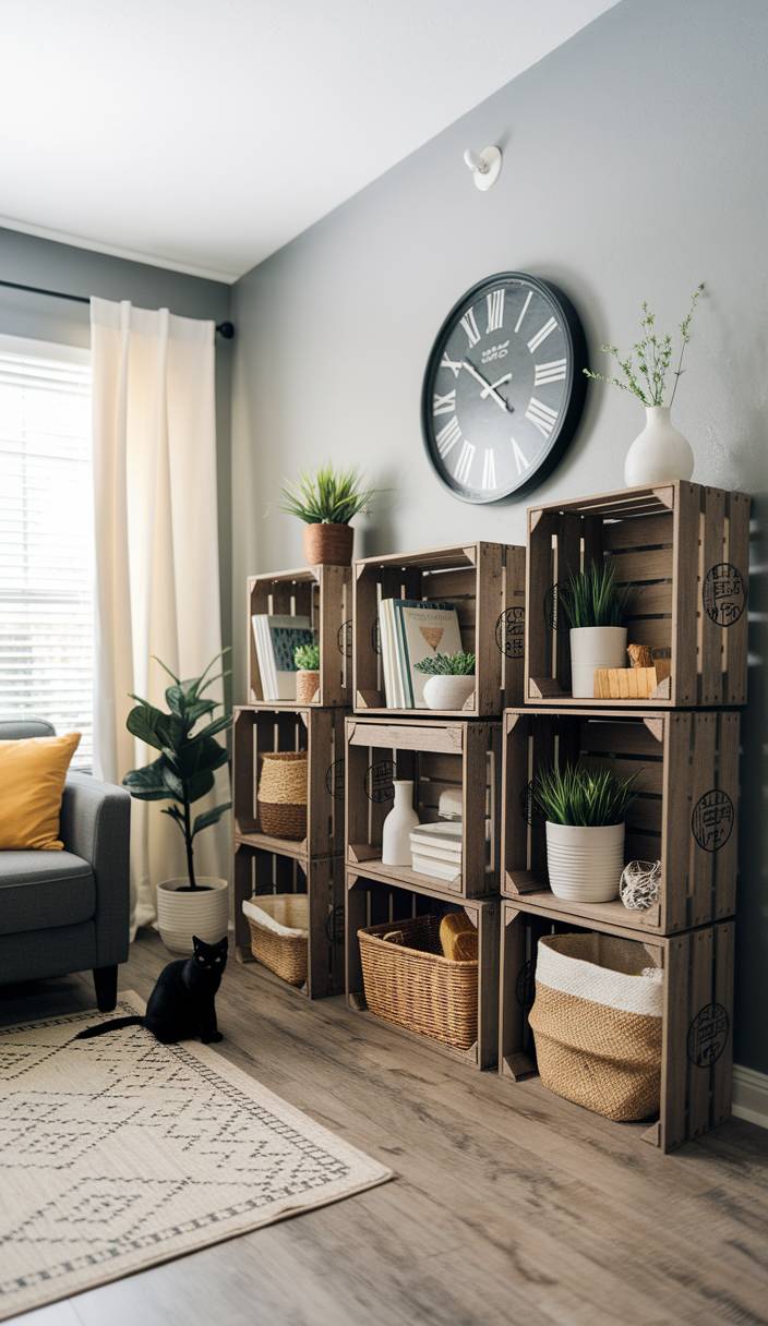 Cozy living room features crate shelving with plants, books, and baskets. A black cat sits on the floor, beneath a large wall clock.