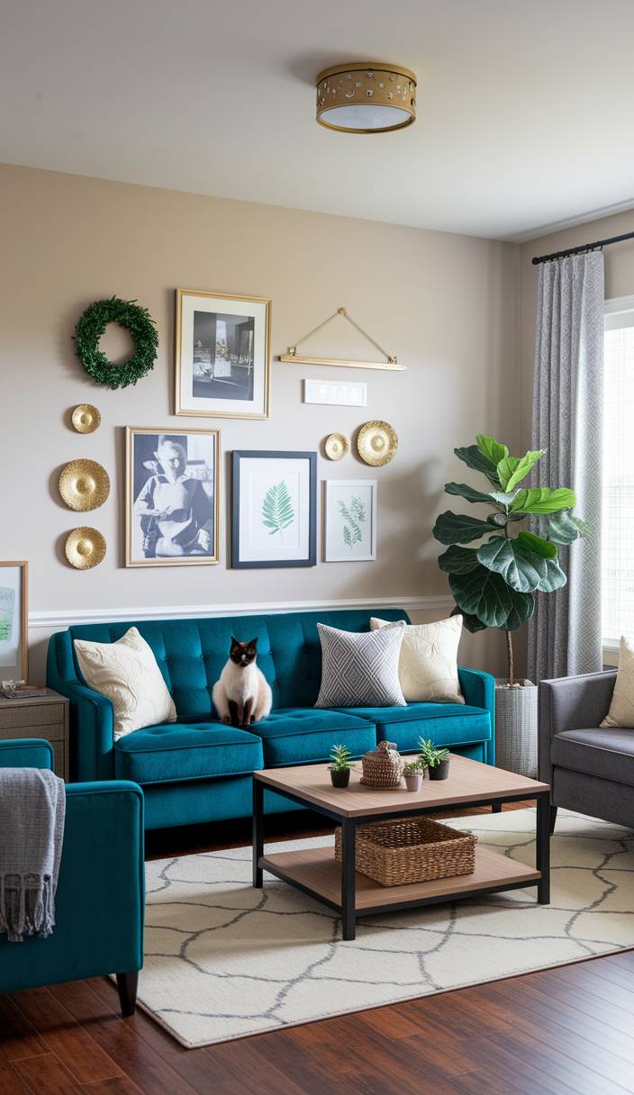 A cozy living room features a teal sofa, wall art, and plants, with a cat sitting centrally. Earthy tones create a warm ambiance.