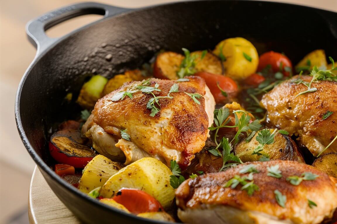 Close-up of roasted chicken thighs with herbs, potatoes, and vegetables in a black skillet, showcasing a delicious, rustic meal presentation.