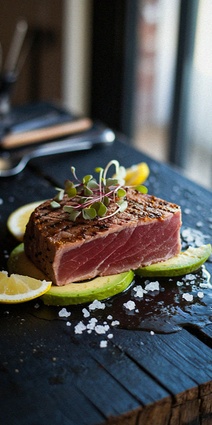 Grilled tuna steak garnished with microgreens, atop avocado and lemon slices on a dark wooden table, sprinkled with coarse salt.