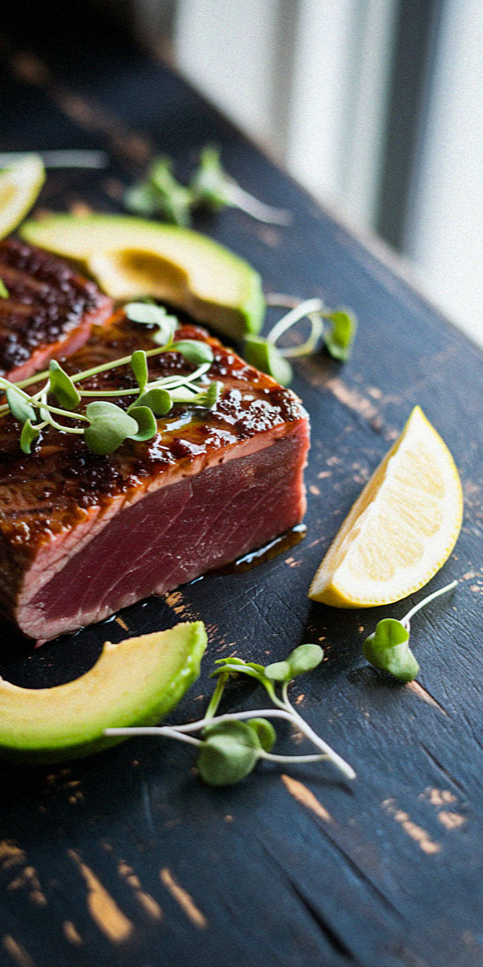 Seared tuna steak garnished with microgreens, surrounded by avocado slices and lemon wedges on a rustic, dark wooden surface.