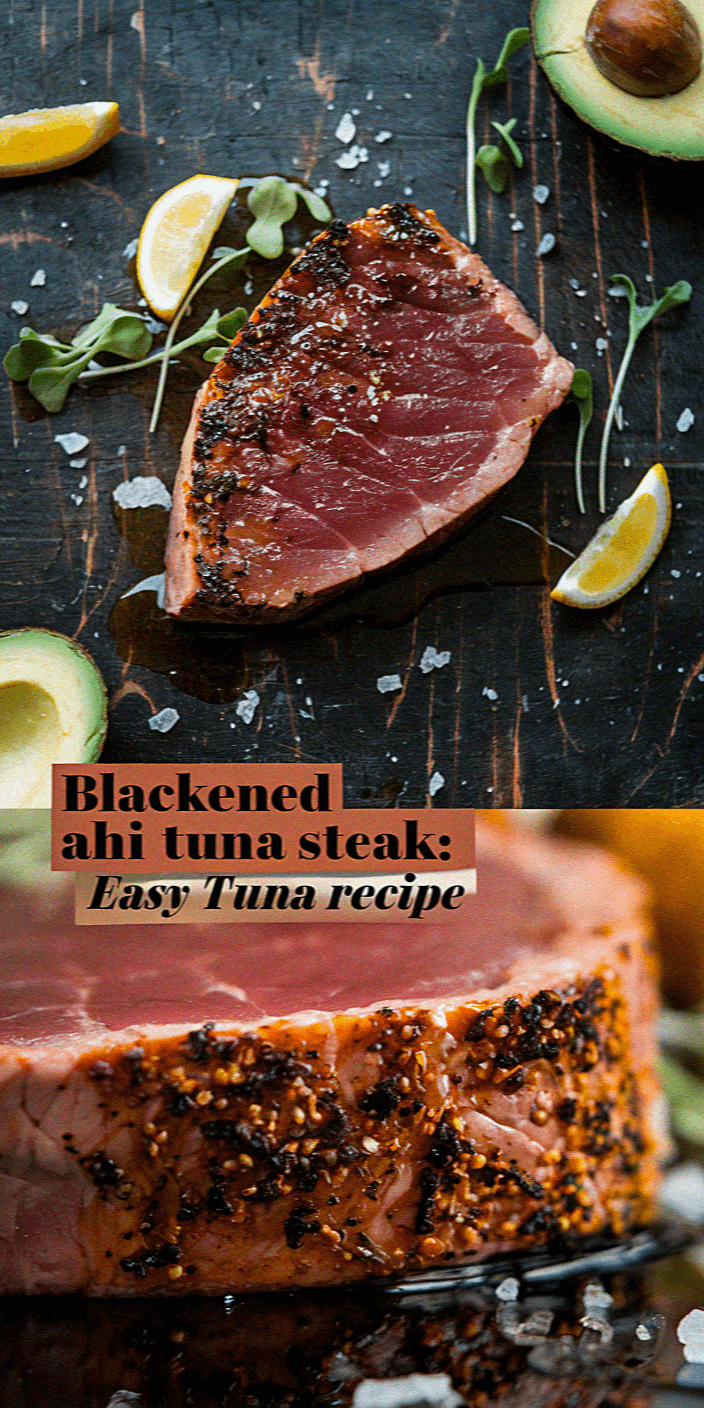 Blackened ahi tuna steak garnished with lemon slices, avocado halves, and greens on a dark wooden surface. Text: "Easy Tuna Recipe."