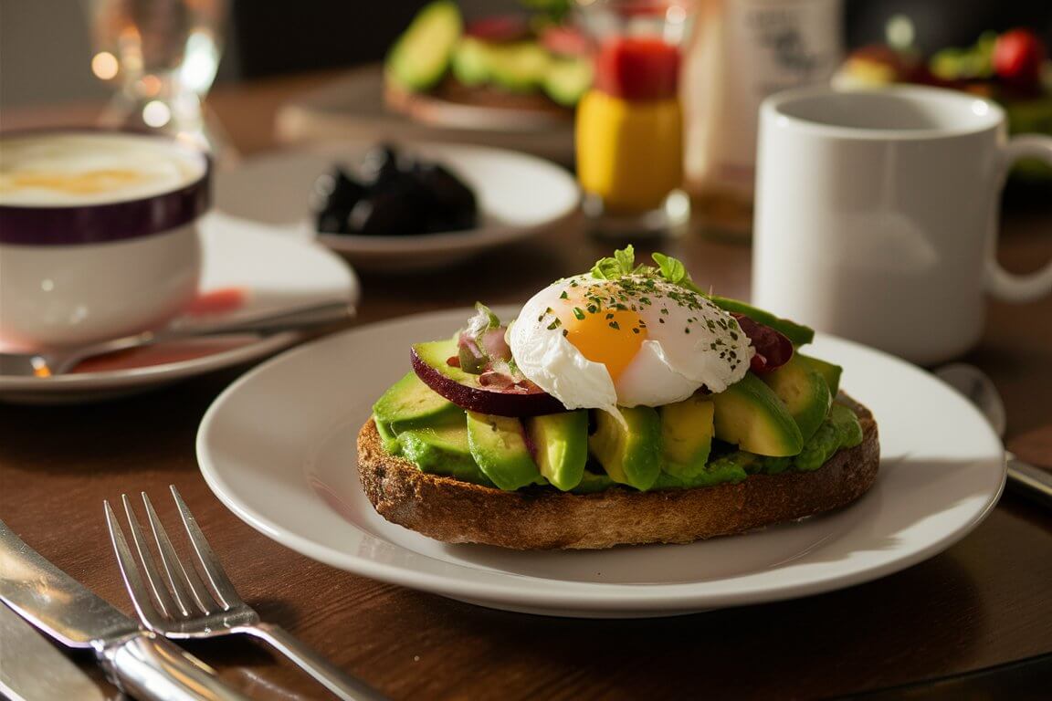 A plate with avocado toast, poached egg, and garnish, accompanied by coffee, breakfast setting, and tableware in natural light.