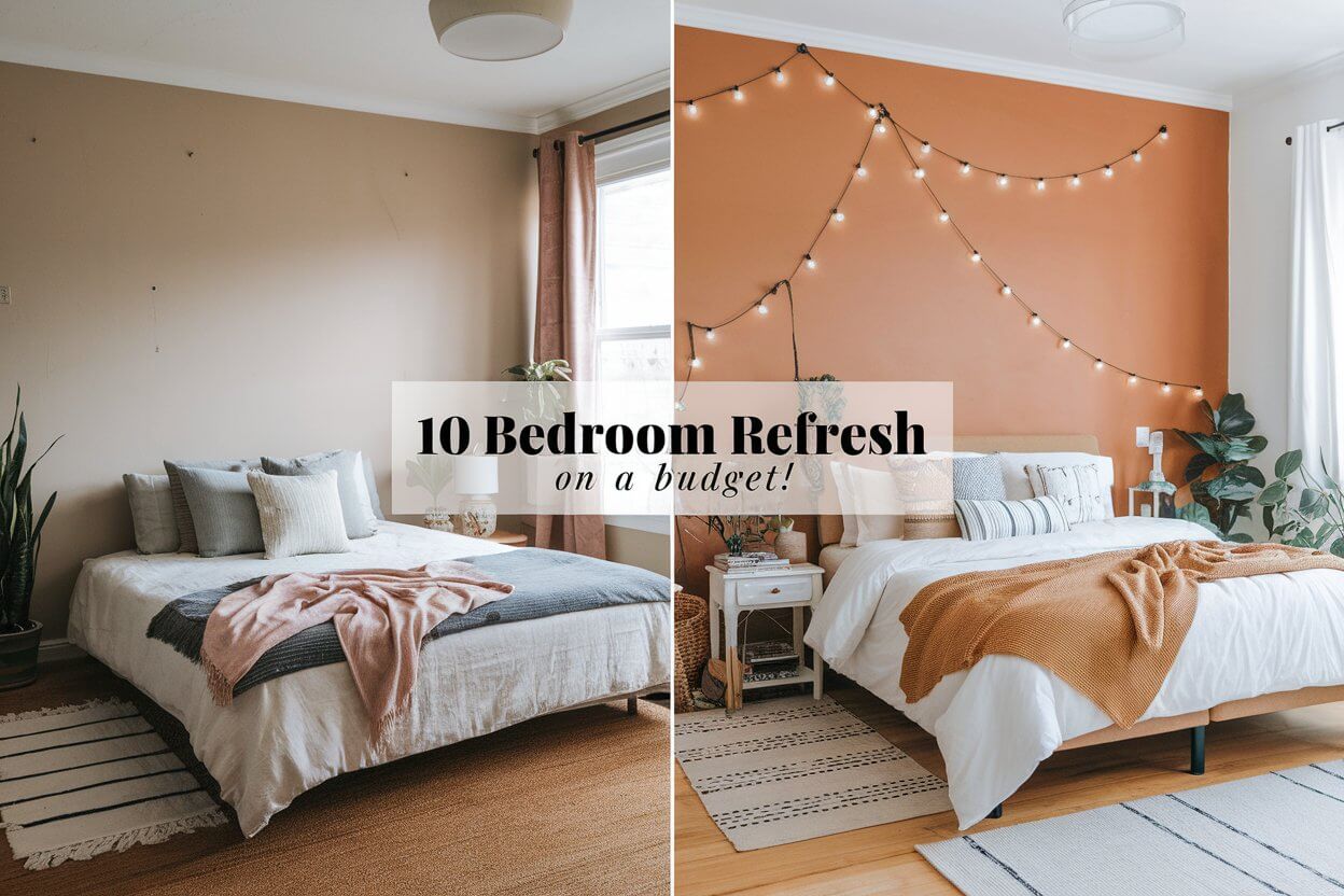 Two-bedroom designs side by side, showcasing a refresh with cozy decor, warm colors, string lights, and plants. Text: "10 Bedroom Refresh on a Budget."