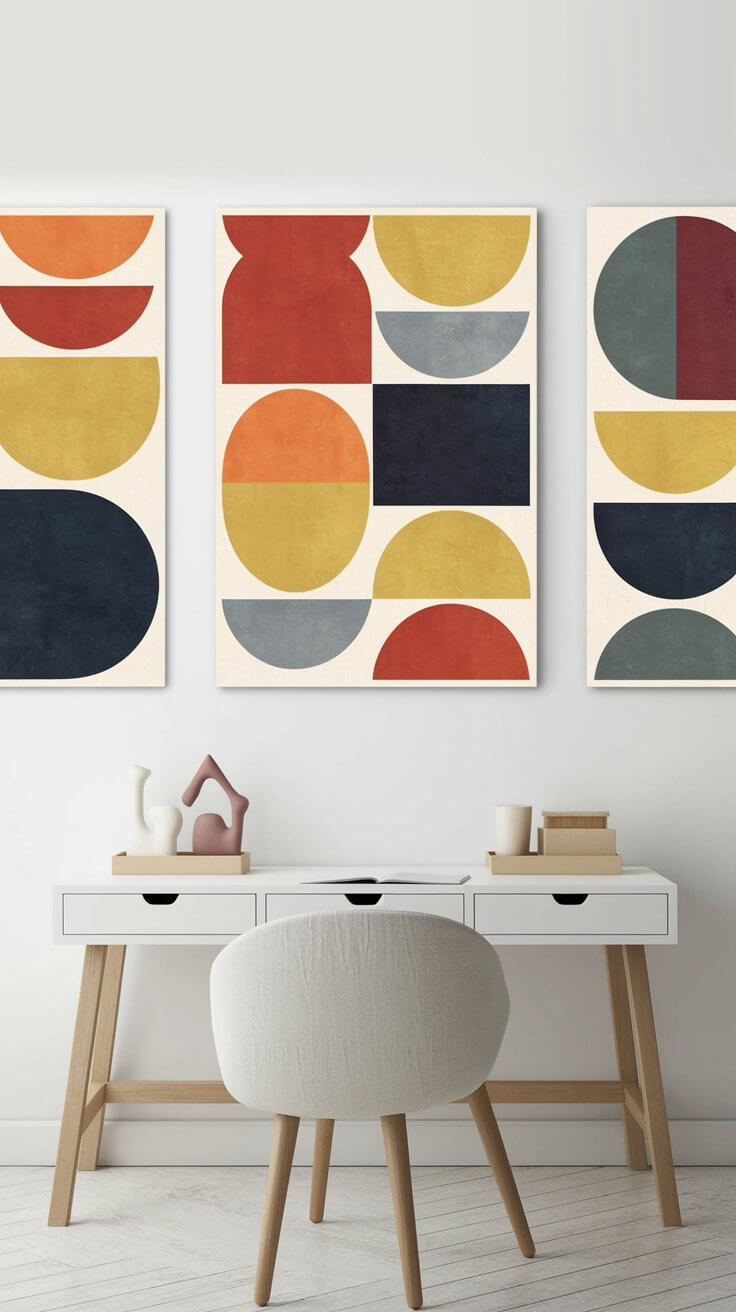Minimalistic desk with a white chair, abstract art on wall, displaying colorful geometric shapes. Decorative items and books on the desk.
