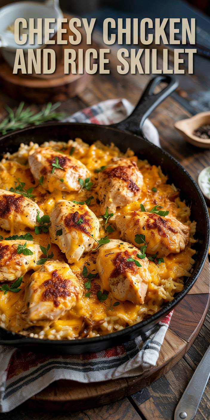 A skillet filled with cheesy chicken and rice, garnished with herbs. Rustic wooden table setting, emphasizing a homemade culinary theme.