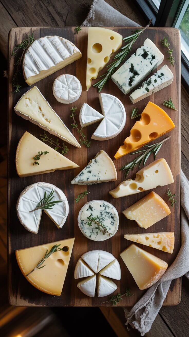 A wooden board displays various cheeses, including brie, blue cheese, and gouda, garnished with fresh herbs near a window.