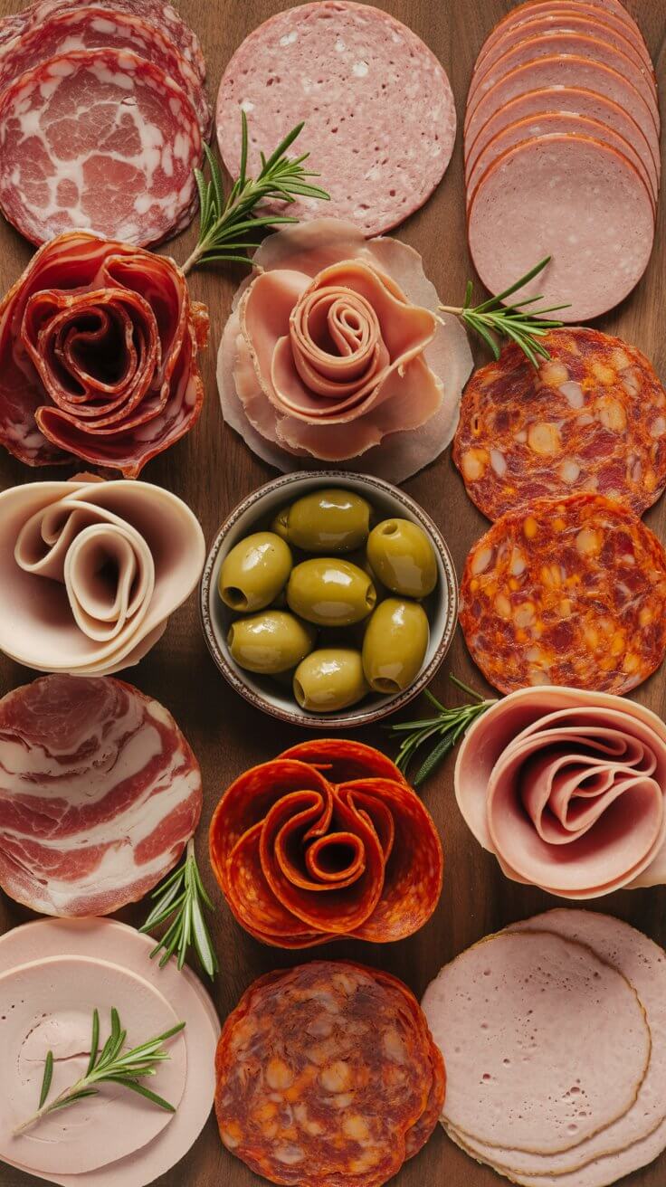Assorted charcuterie with various sliced meats, arranged around a bowl of green olives and garnished with rosemary, on a wooden background.