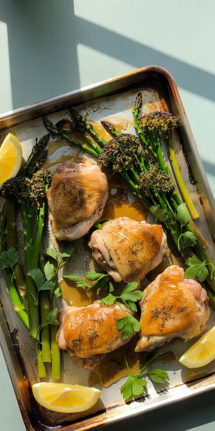 Roasted chicken thighs with herbs alongside asparagus and lemon wedges on a baking tray, garnished with fresh parsley under natural daylight.