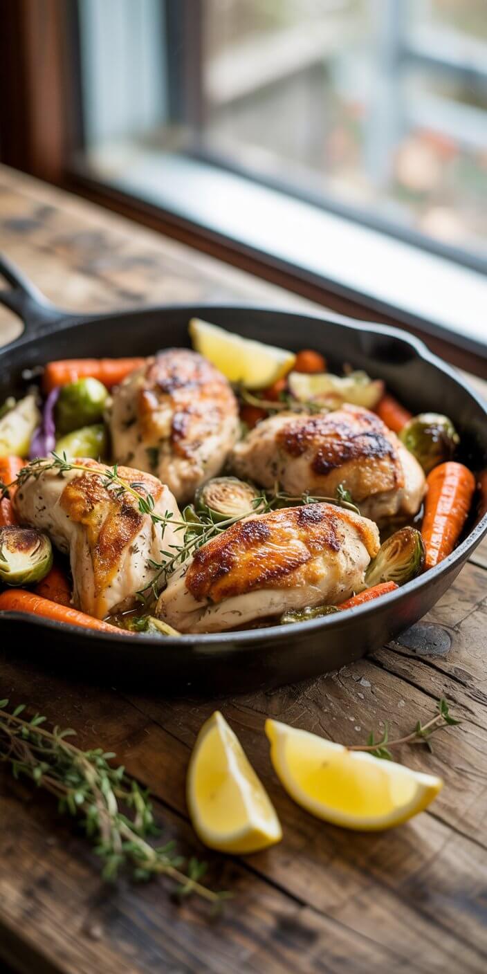 Roasted chicken and vegetables in a skillet on a wooden table. Lemon wedges and herbs nearby. Bright natural light from a window.