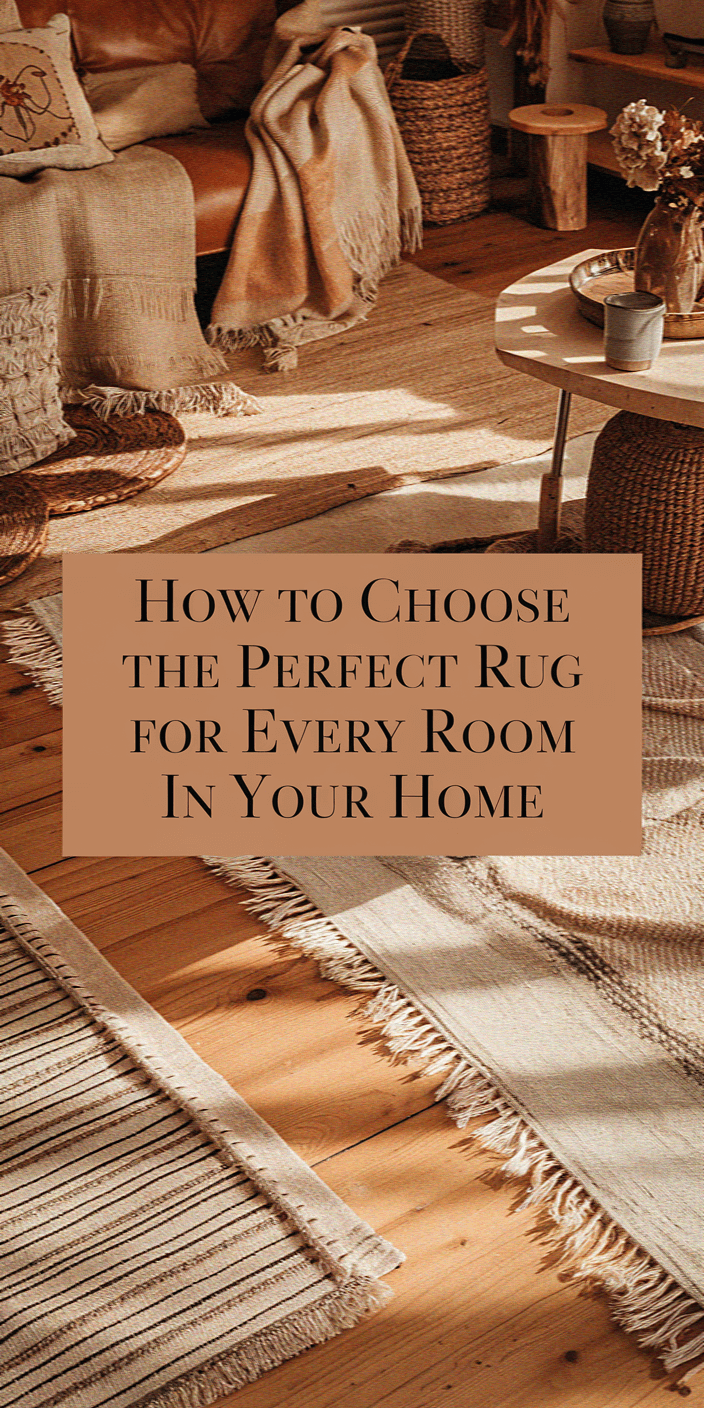 Cozy living room featuring a leather couch, woven baskets, rustic decor, and a large area rug. Text overlay suggests rug selection tips.