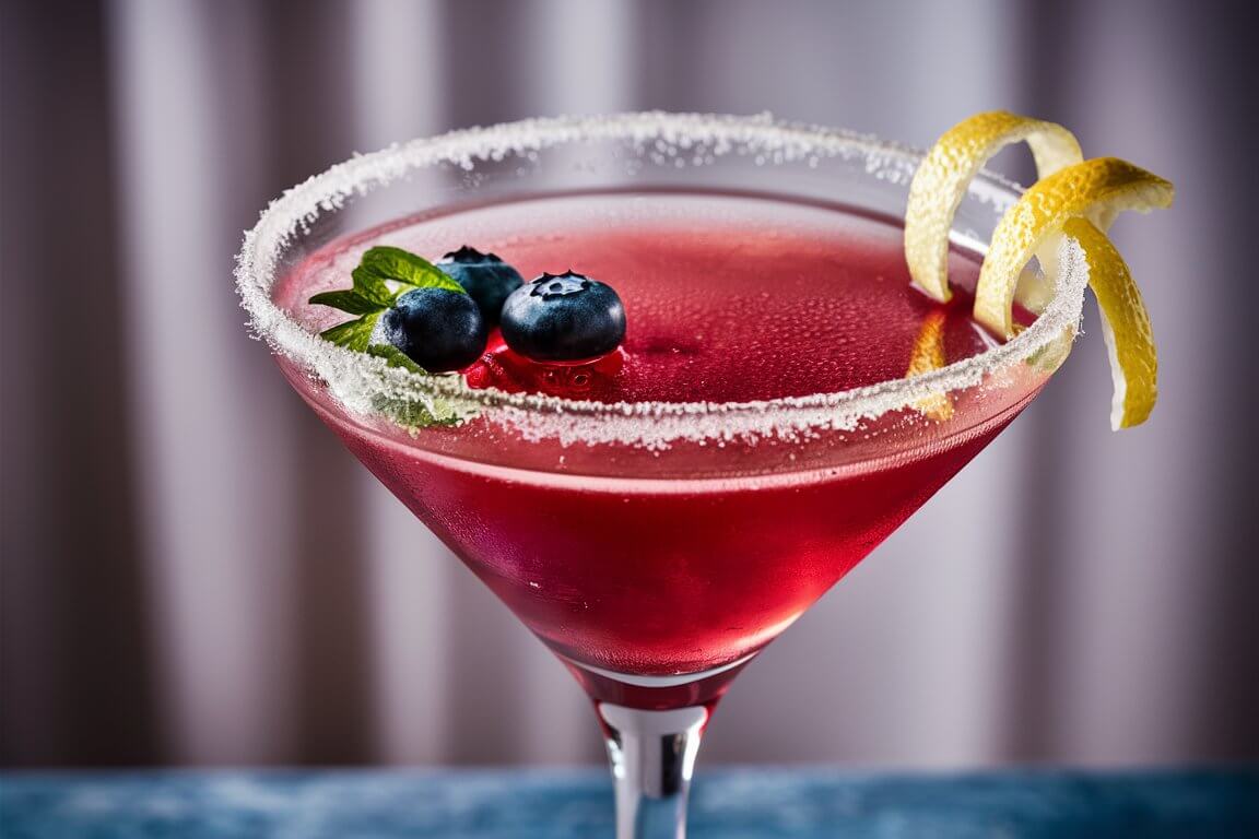 A red cocktail garnished with blueberries, lemon twist, and mint leaves in a sugar-rimmed glass, set against a blurred background.