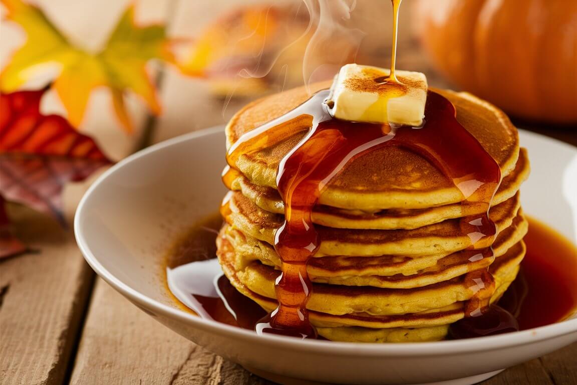 A stack of pancakes with butter, drizzled with maple syrup, served in a bowl on a wooden table with autumn leaves in the background.
