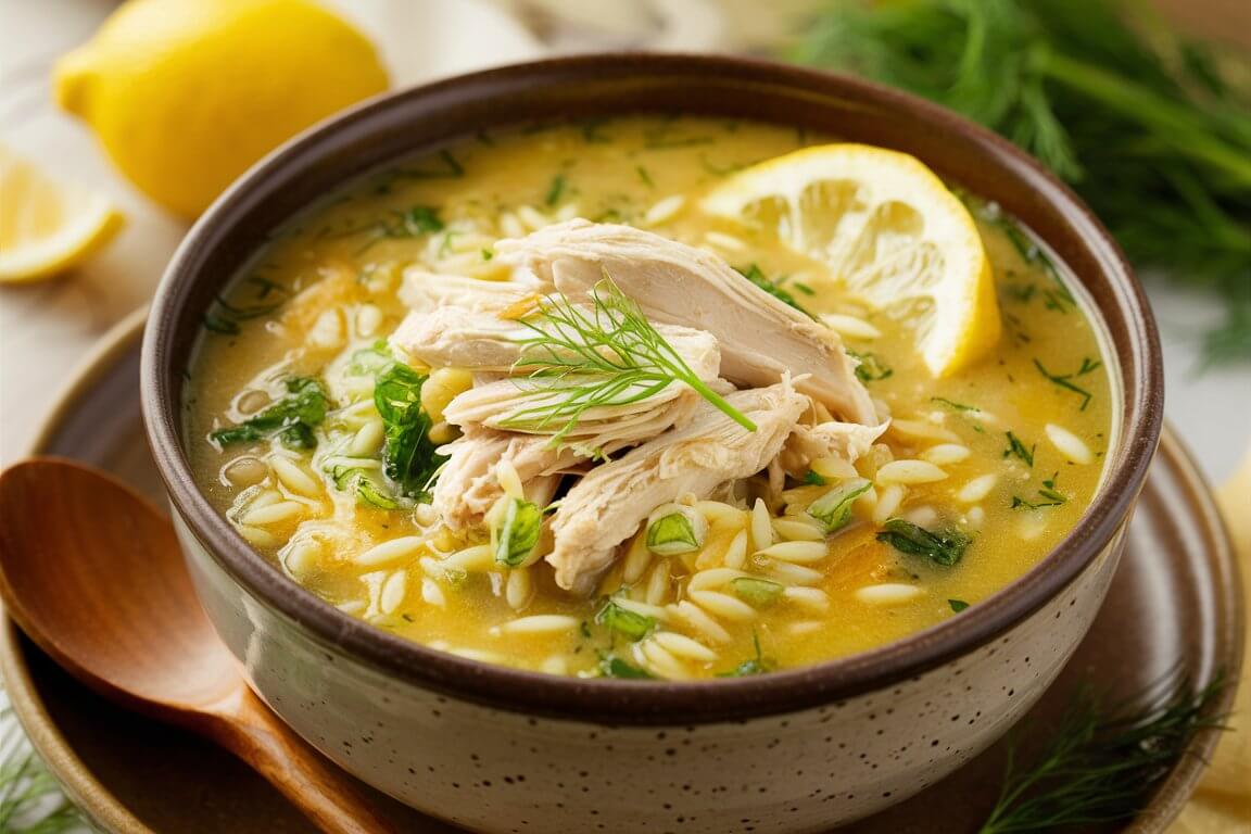 A bowl of lemon chicken orzo soup garnished with fresh dill, accompanied by a lemon wedge and a wooden spoon on the side.
