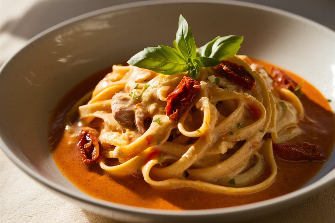 A bowl of creamy pasta garnished with sun-dried tomatoes and fresh basil leaves, bathed in rich tomato sauce.