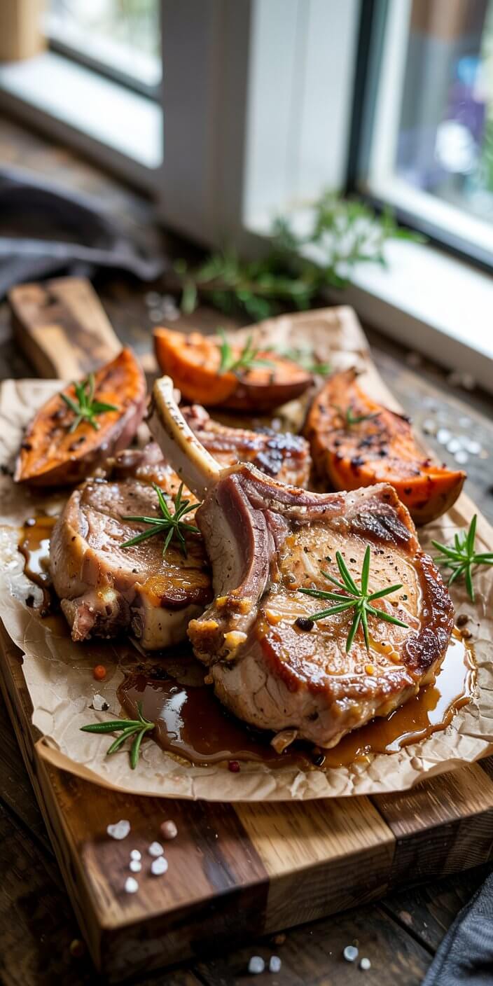 Juicy pork chops garnished with rosemary, paired with roasted sweet potatoes on a wooden board by a window, creating a rustic dining ambiance.