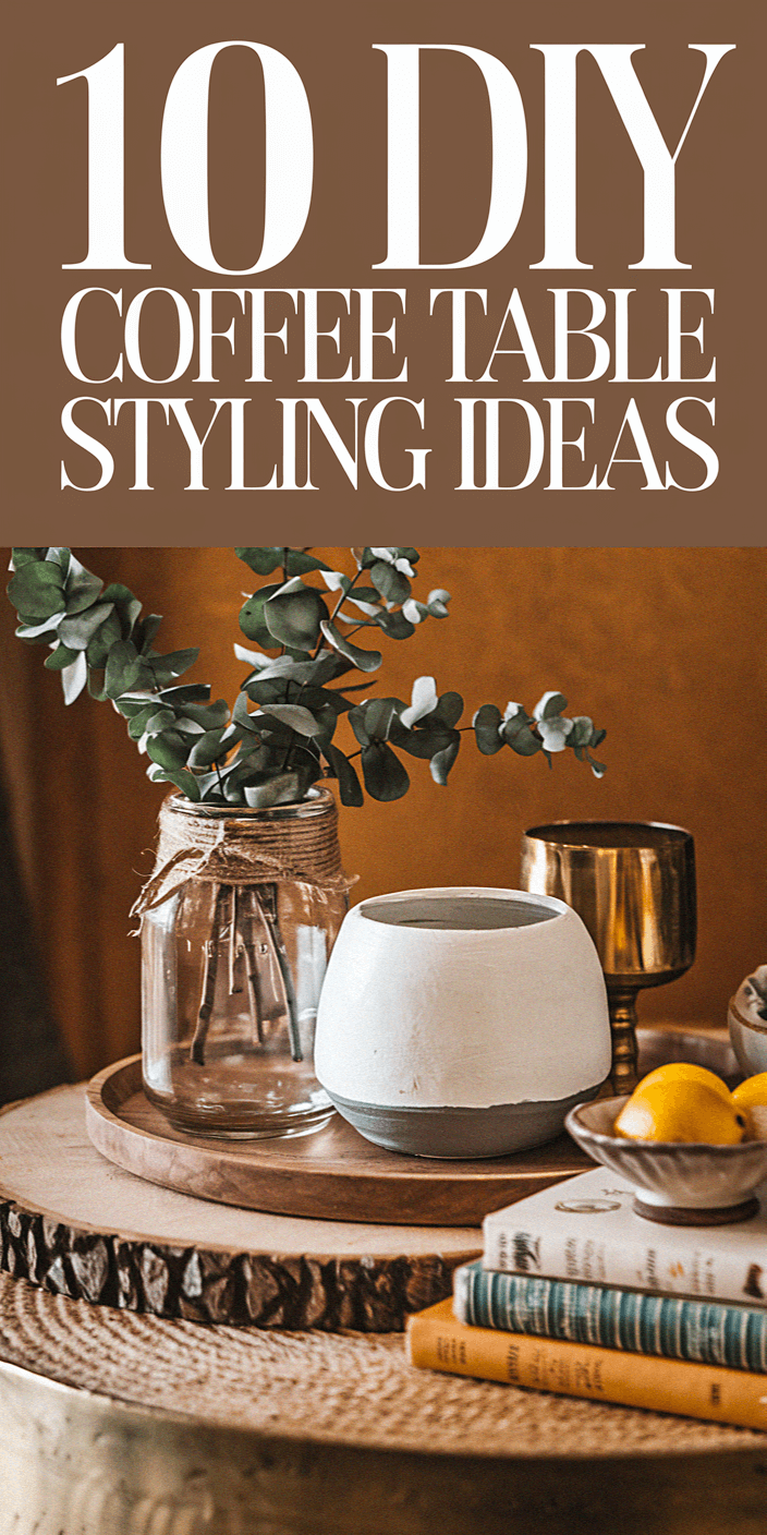 Stylish coffee table with vase, book stack, lemons, and decorative objects. Text suggests DIY styling ideas, highlighting cozy, rustic decor.