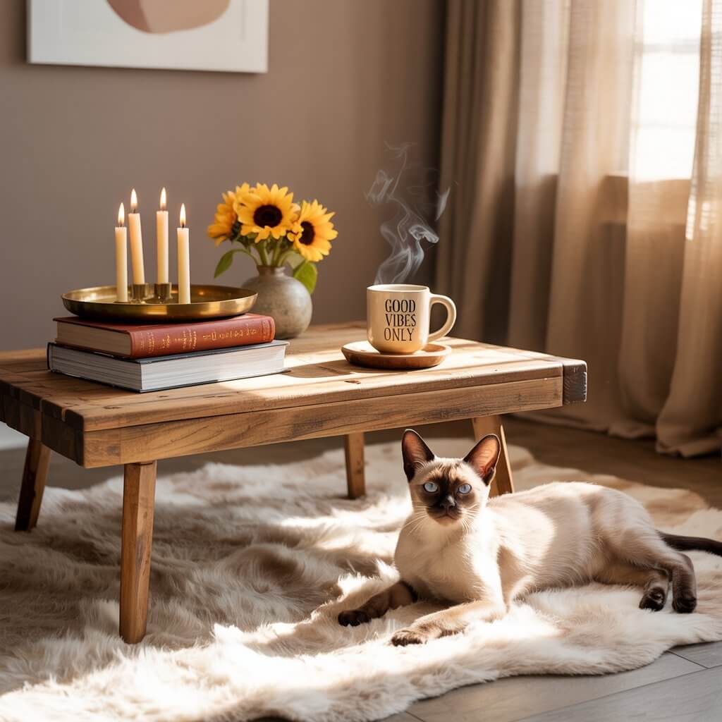 Cozy room with a wooden table, sunflowers, glowing candles, books, steaming mug, and a Siamese cat on a plush rug.