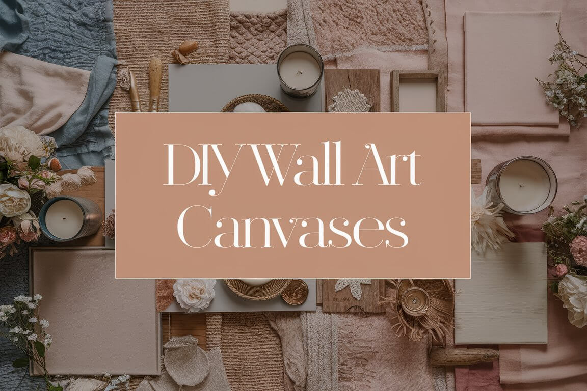 Aesthetic layout of DIY wall art materials and canvases, featuring candles, flowers, and textured fabrics. Central text reads "DIY Wall Art Canvases."