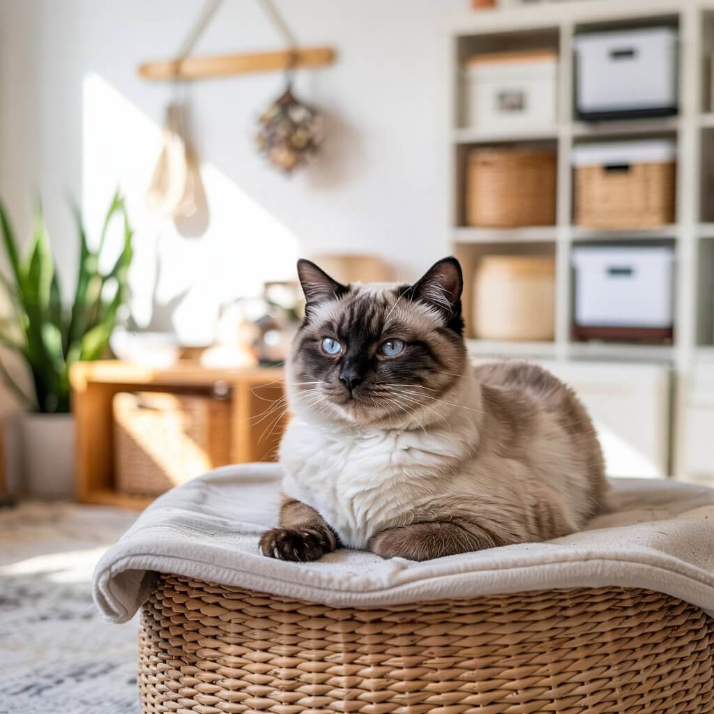 A fluffy cat with blue eyes relaxes on a blanket in a cozy, sunlit room with baskets and plants.