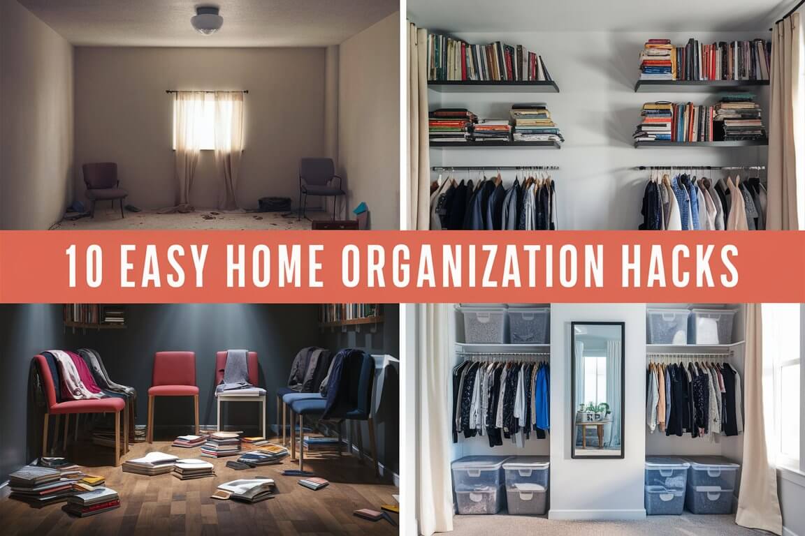 Three images show tidy and cluttered rooms with organized closets and bookshelves. Text overlay reads, "10 Easy Home Organization Hacks."