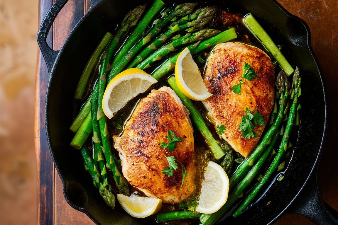 A cast iron skillet with roasted chicken breasts, garnished with asparagus, lemon wedges, and fresh parsley on a wooden table.