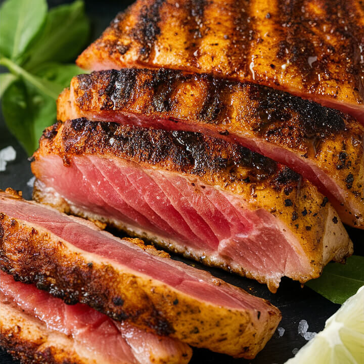 Grilled, sliced tuna steak with char marks, garnished with lime wedges and fresh basil leaves on a dark slate plate.