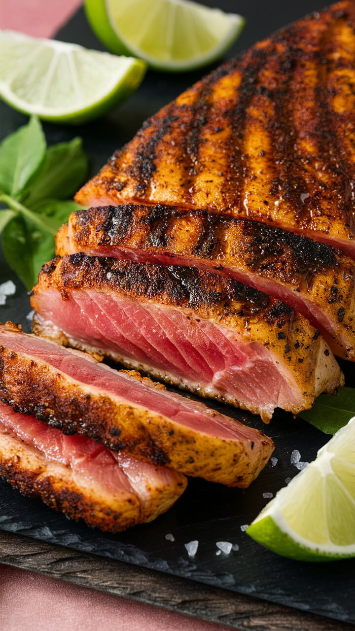 Grilled, sliced tuna steak with char marks, garnished with lime wedges and fresh basil leaves on a dark slate plate.