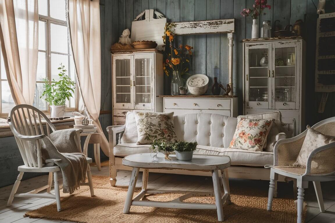 A cozy, vintage living room with a white sofa, floral cushions, wooden furniture, and bright natural light from a large window.