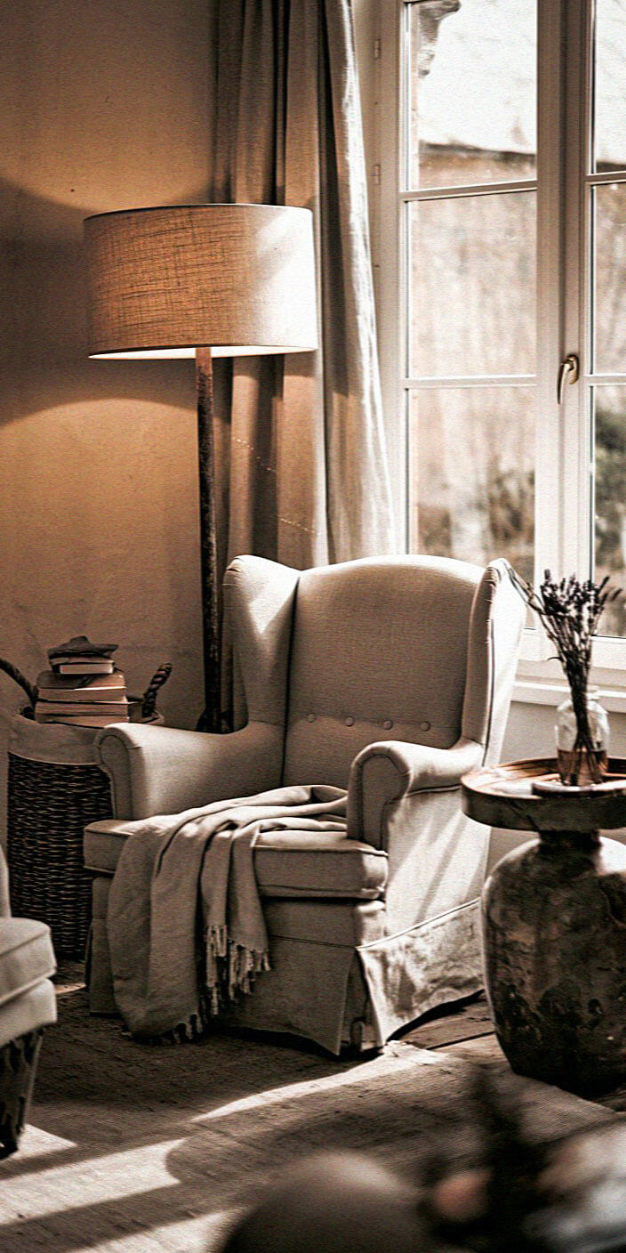 Cozy living room with an armchair, lamp, and side table. Sunlight filters through a window, highlighting books and a draped blanket.