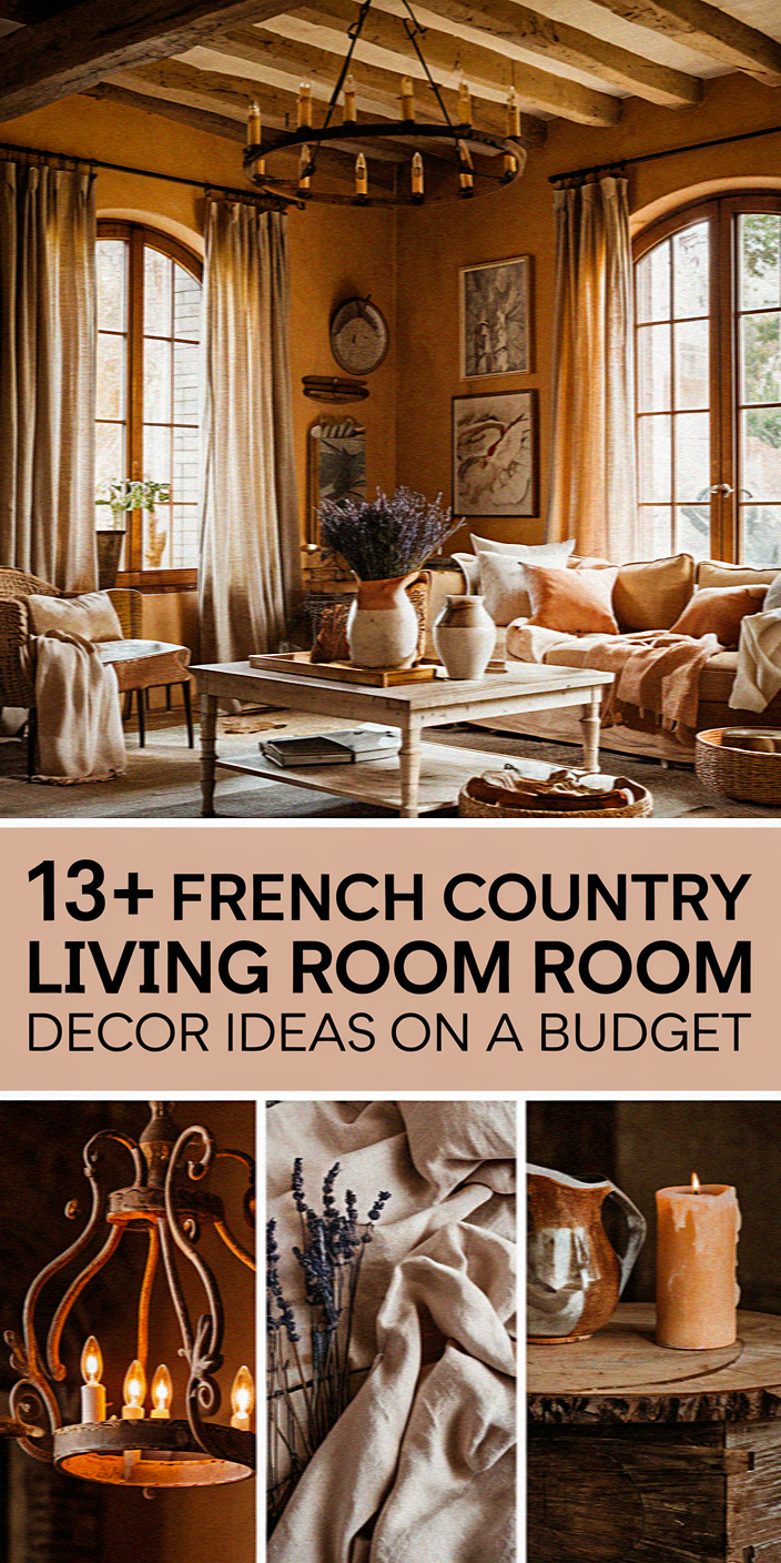 A cozy living room with rustic French country decor, featuring wooden beams, soft earth tones, elegant candles, and dried lavender accents.