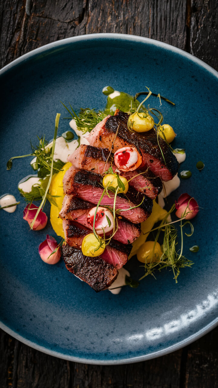 Flavorful seared meat slices with vibrant garnishes and colorful sauces arranged artfully on a blue plate on a rustic wooden surface.
