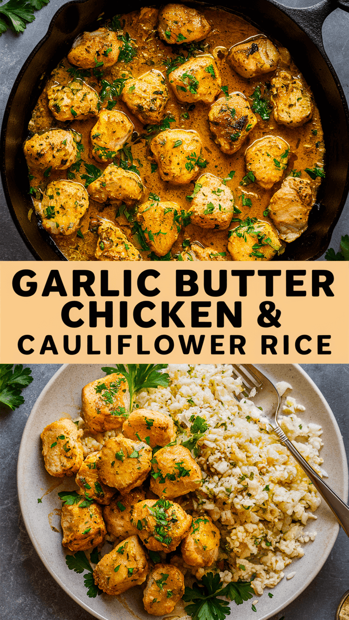 A dish featuring garlic butter chicken pieces in a skillet, paired with cauliflower rice on a plate garnished with fresh herbs.