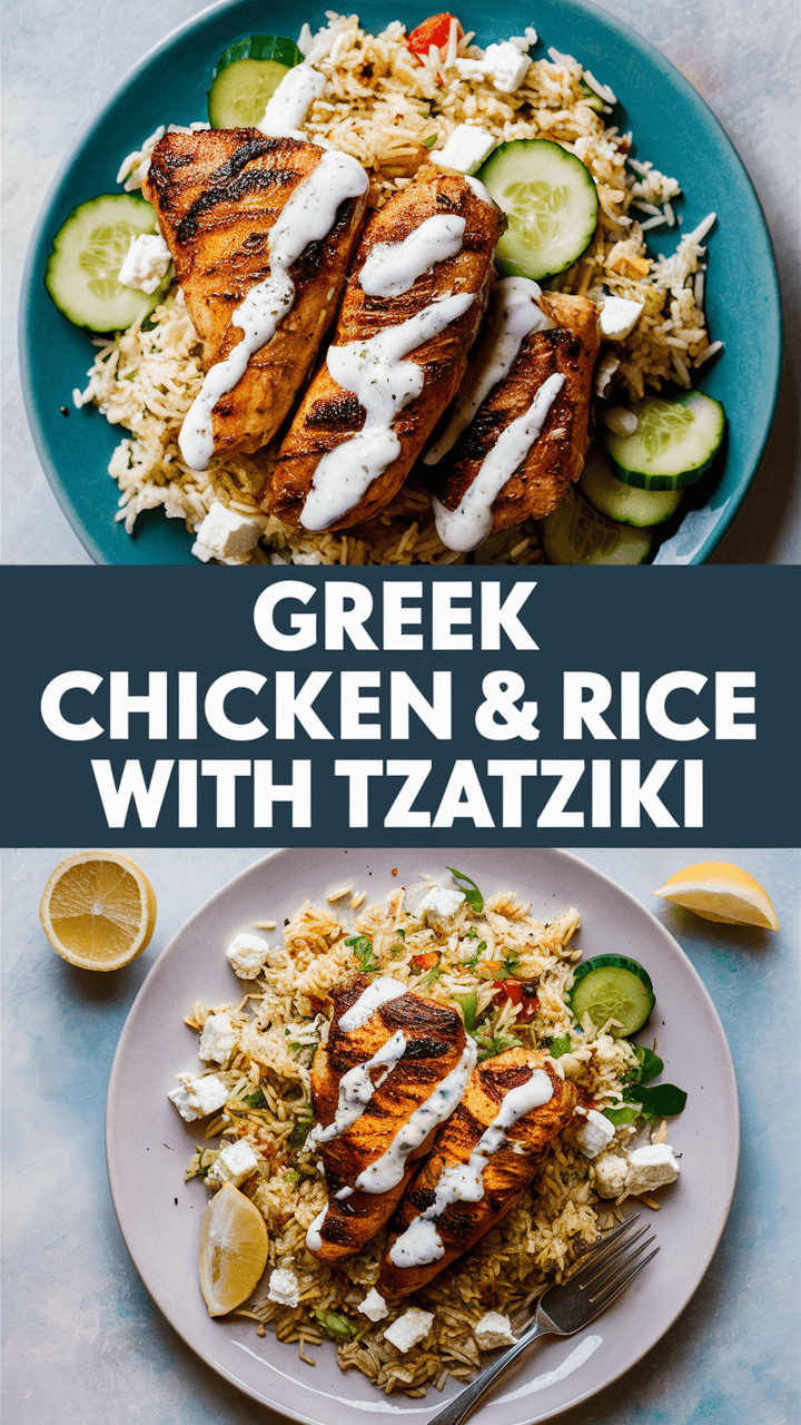 Grilled chicken with tzatziki on rice served with cucumber and lemon slices. Text overlay: "Greek Chicken & Rice with Tzatziki."