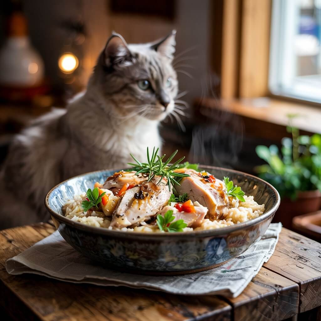 A fluffy cat sits beside a steaming bowl of rice and chicken garnished with herbs, on a wooden table near a window.
