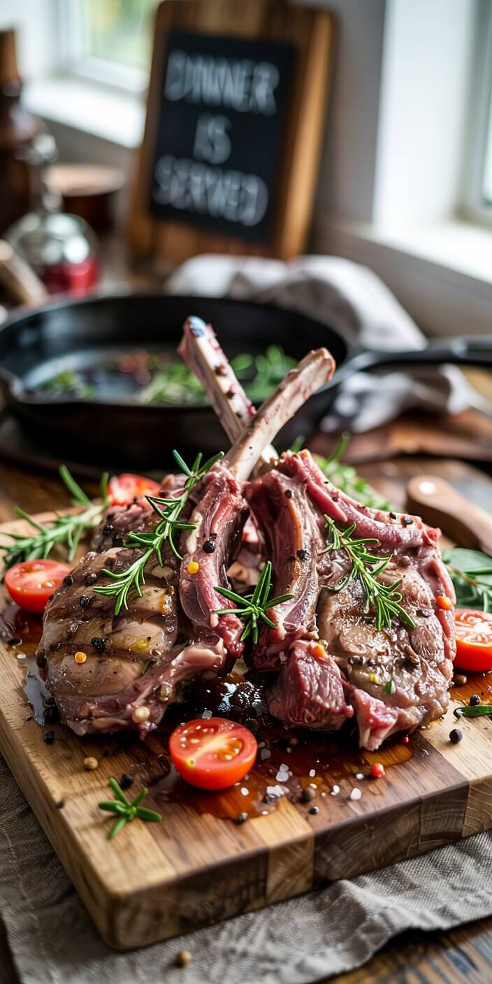 A rustic kitchen scene with uncooked lamb chops, cherry tomatoes, rosemary on a wooden board; a blackboard reads "Dinner is Served" in the background.