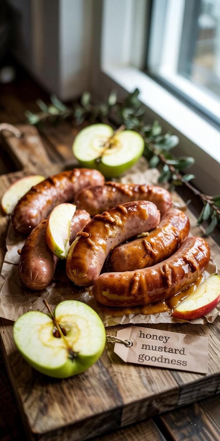 Sausages glazed with honey mustard are presented on a wooden board with apple slices nearby, labeled "honey mustard goodness" for appeal.