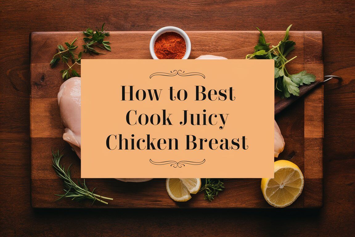 Cooking guide image with spices, lemons, herbs, and chicken on a cutting board. Text reads: "How to Best Cook Juicy Chicken Breast."