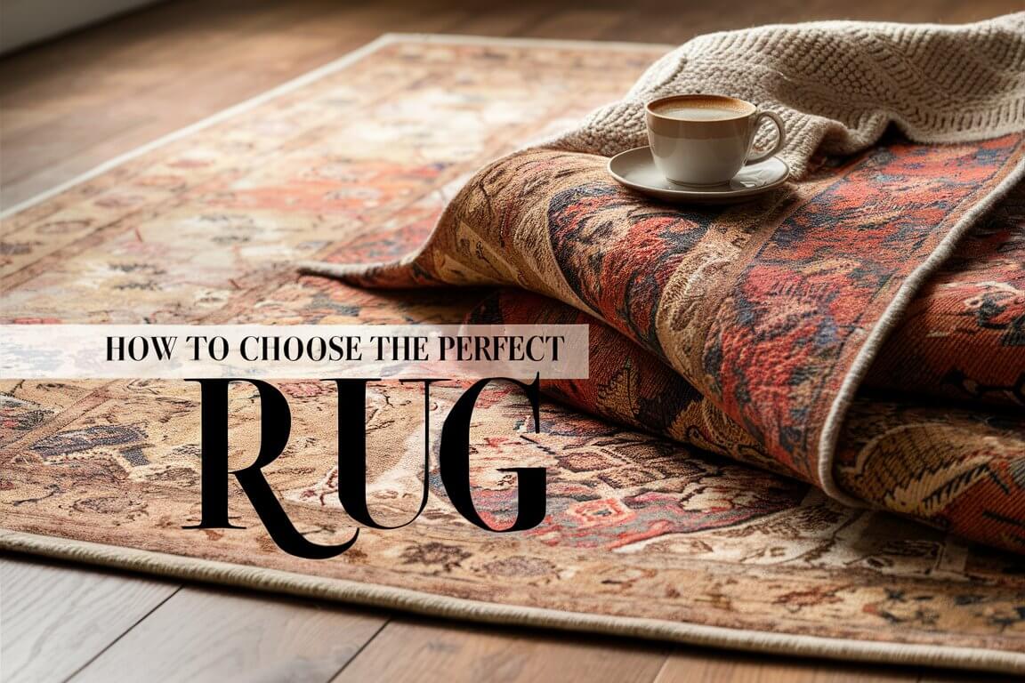 Elegant rug on wooden floor with a cup of coffee and a blanket. Text: "How to Choose the Perfect Rug."