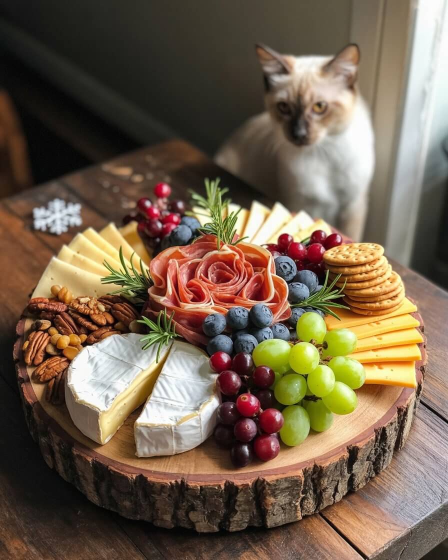 Charcuterie board with assorted cheeses, fruits, nuts, and crackers on a wooden platter. Cat curiously watches the platter from behind.