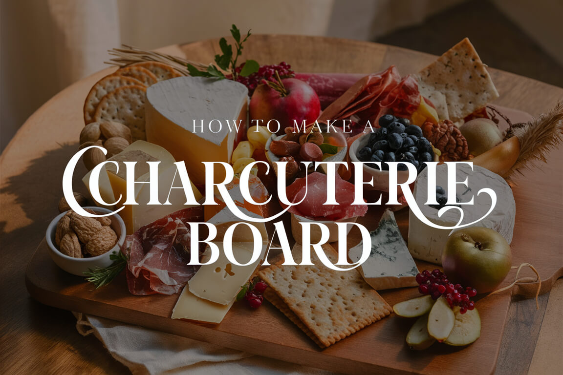 A charcuterie board with assorted cheeses, meats, fruits, nuts, and crackers on a wooden table. Text overlay reads "How to Make a Charcuterie Board."