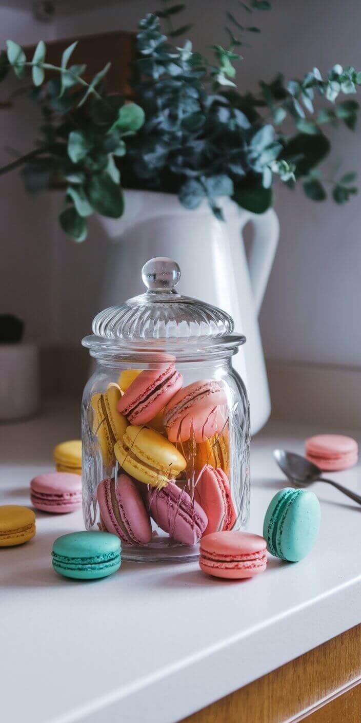 A glass jar filled with colorful macarons is on a countertop, surrounded by scattered cookies and a white pitcher with green foliage.