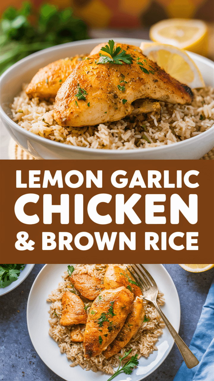 Plated lemon garlic chicken over brown rice garnished with parsley. Text overlay describes the dish. Slices of lemon visible in the background.