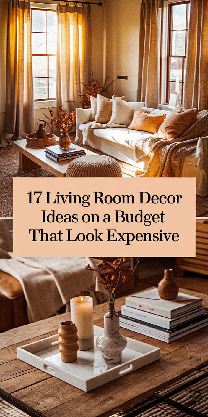 Cozy living room with soft lighting, neutral tones, and stylish decor. Candles and vases on a wooden table create an inviting atmosphere.