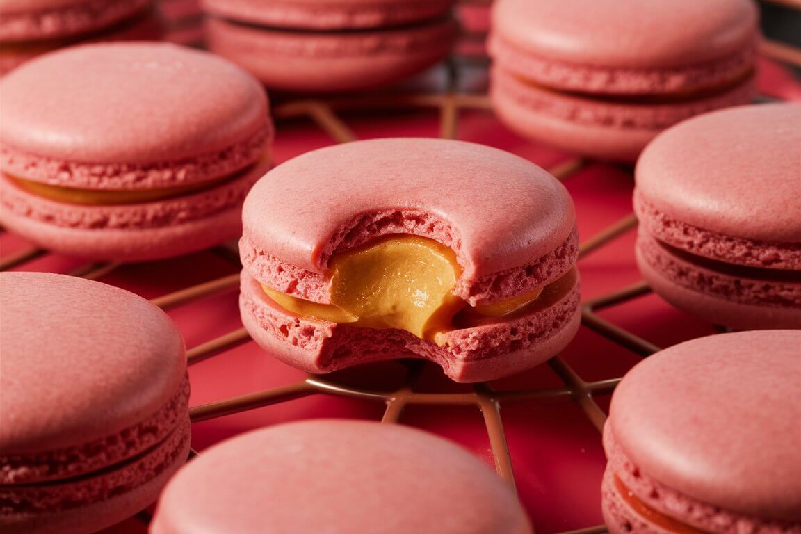 A bitten pink macaron with yellow filling, placed among other whole macarons on a decorative red surface.