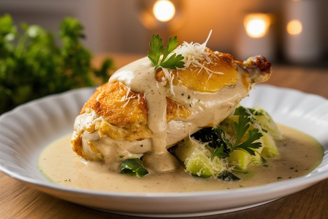 A beautifully plated roasted chicken with creamy sauce, garnished with parsley on a white dish. Soft candlelight creates a warm, inviting ambiance.